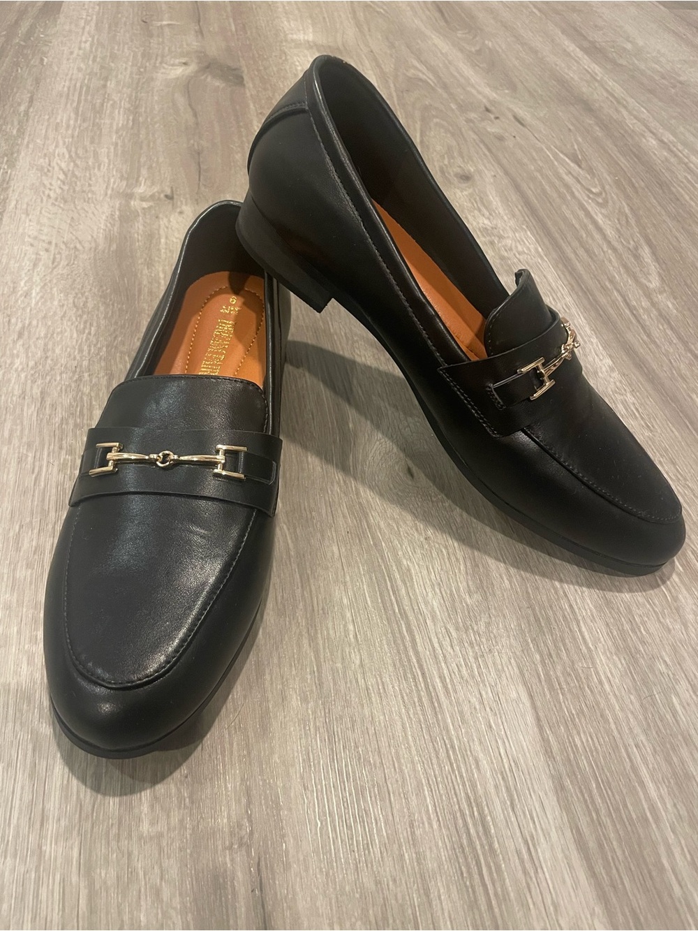 Black Leather women’s  Loafers with Gold Bit Accent